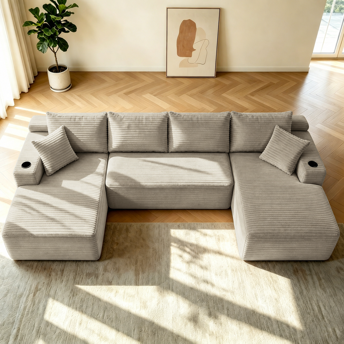 133' Cloud Sectional Sofa with U-Shape Chaise and Side Pockets and Cup holder , Modern Modular Design, Deep Seating, Upholstered Couch for Living Room/Bedroom, No Assembly Required (Plush)Camel