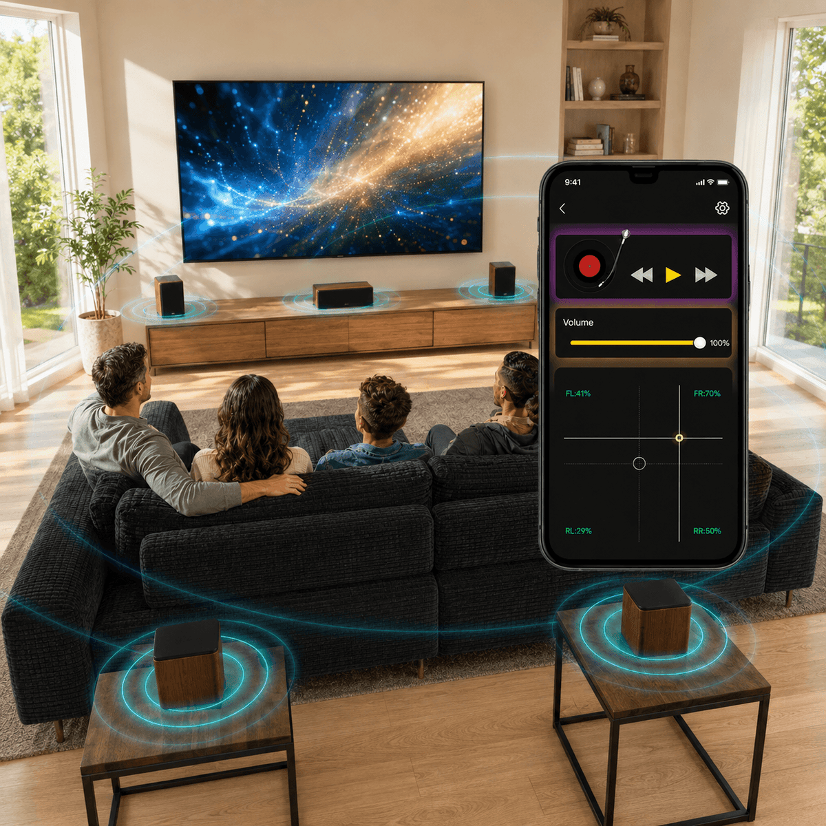 LYNCK Home Theater Sofa Set with 5 Speakers, 4-Channel Independent Volume Control, Bottom-Firing Subwoofer, 4 Mid/High Speakers and Charcoal Sectional Sofa