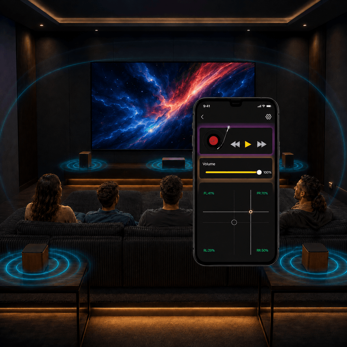 LYNCK Home Theater Sofa Set with 5 Speakers, 4-Channel Independent Volume Control, Bottom-Firing Subwoofer, 4 Mid/High Speakers and Charcoal Sectional Sofa