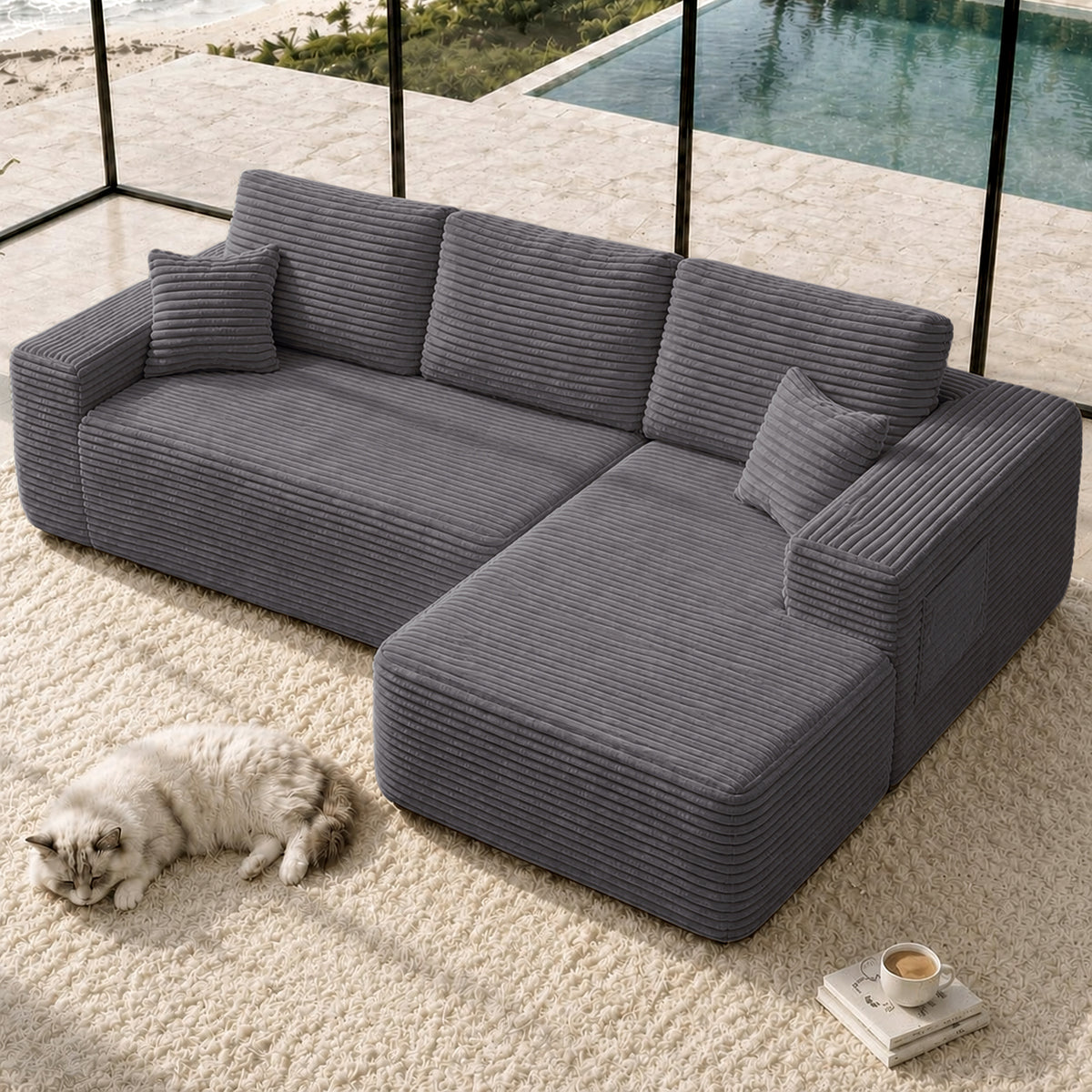 104' Cloud Sectional Sofa with L-Shape Chaise and Side Pockets , Modern Modular Design, Deep Seating, Upholstered Couch for Living Room/Bedroom, No Assembly Required (Plush Fabric), Grey,Right