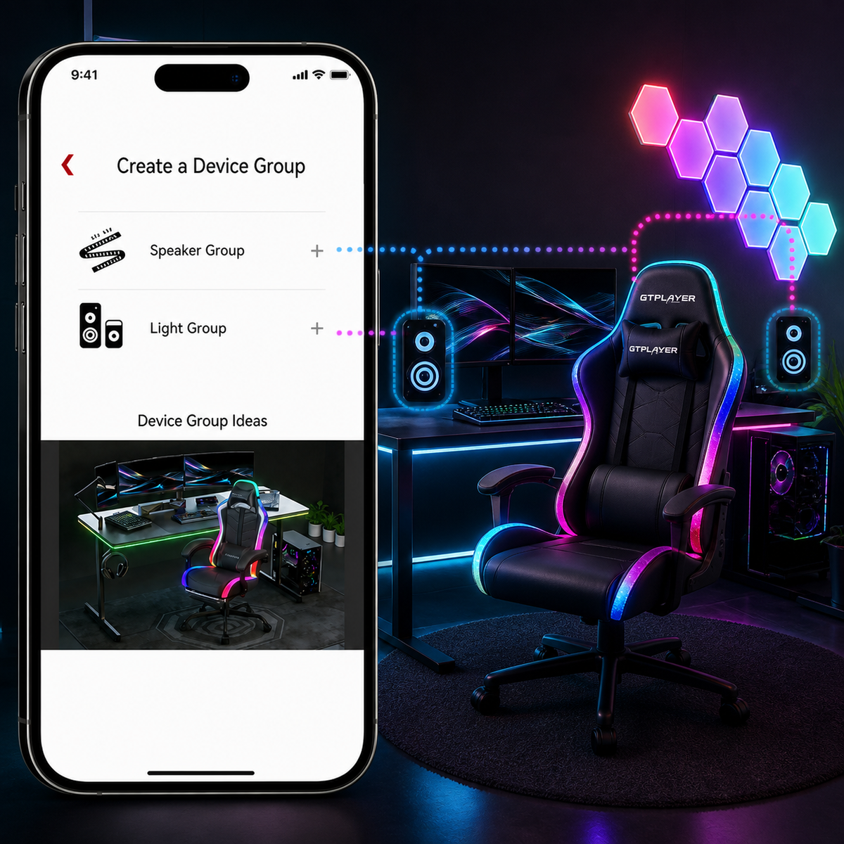 A black gaming chair with pink and blue LED lighting is shown in a styled home office setup next to a smartphone screen displaying a device group settings interface. The chair has 'STYPLAYER' branding on the headrest.