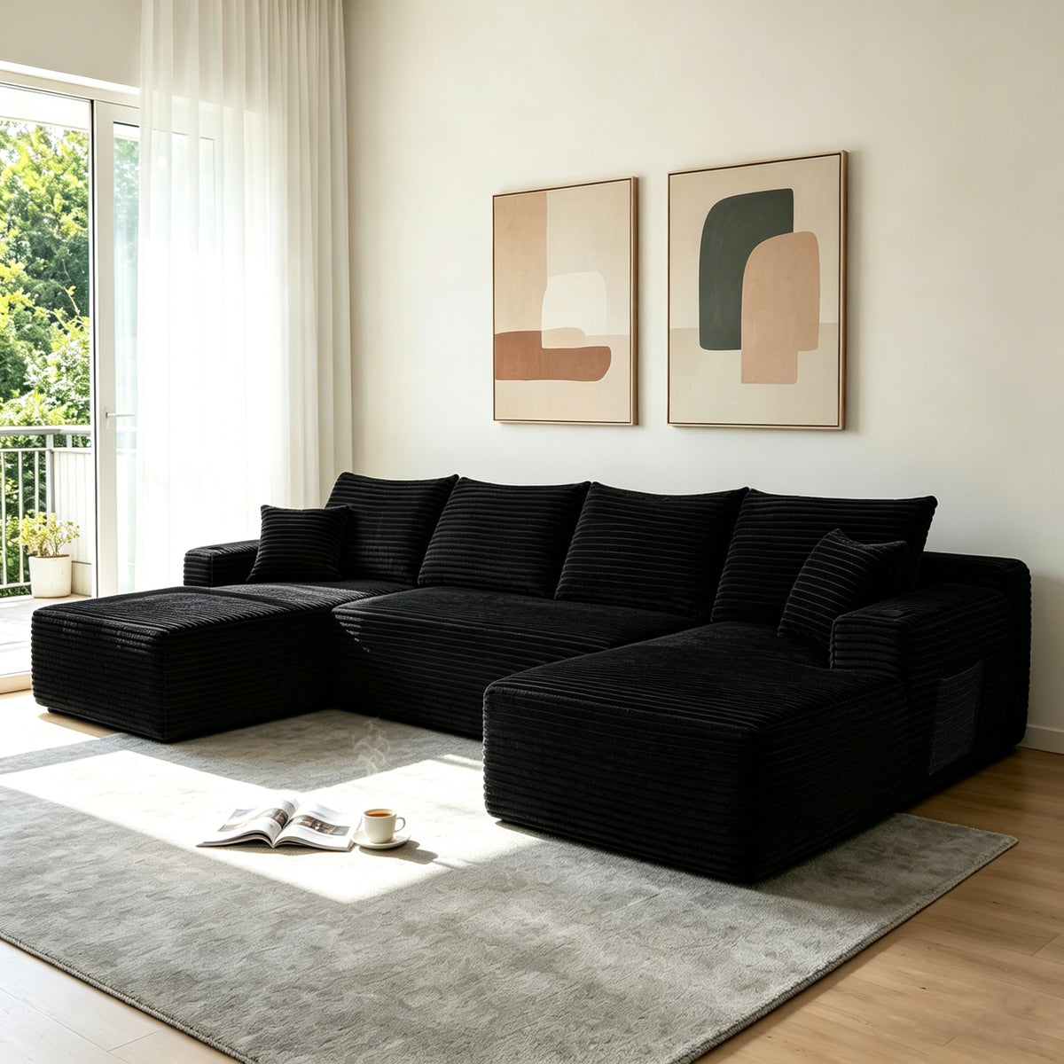 134' Cloud Sectional Sofa with U-Shape Chaise and Side Pockets and Cup holder , Modern Modular Design, Deep Seating, Upholstered Couch for Living Room/Bedroom, No Assembly Required (Plush)Black