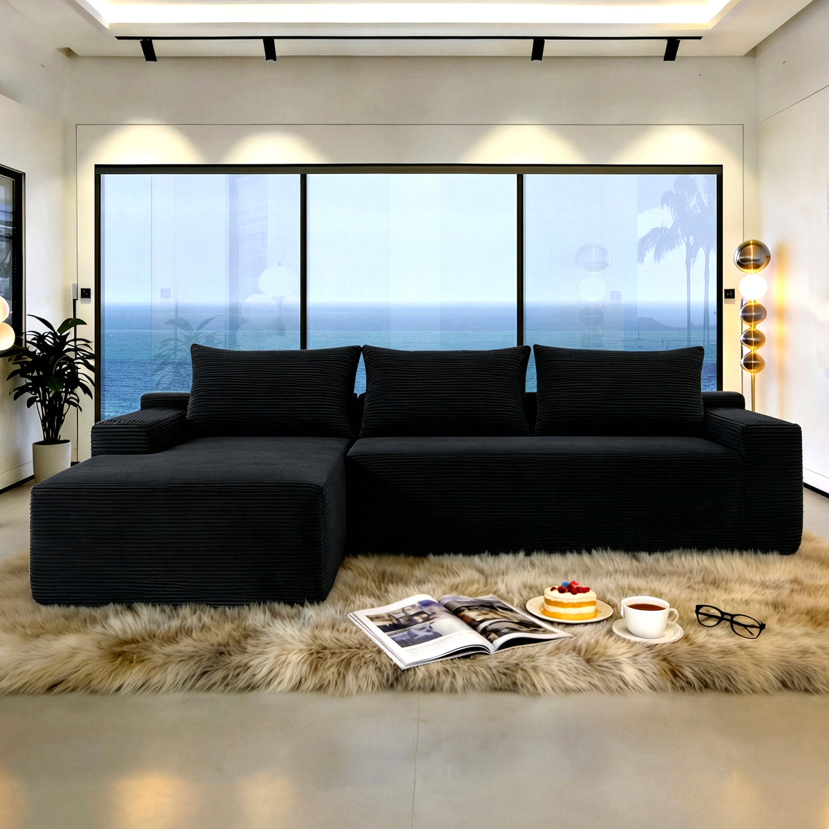 NEW2-96.9' Cloud Sectional Couch with L-Shape Chaise,Modern Modular Sofa with Deep Seat, Upholstered Couches for Living Room Bedroom,No Assembly Required, (Corduroy Fabric),Black