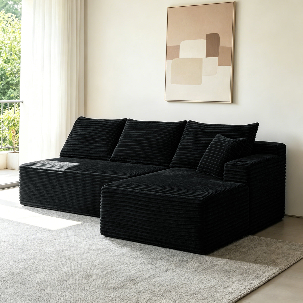 96' Cloud Sectional Couch with L-Shape Chaise,Modern Modular Sofa with Deep Seat, Upholstered Couches for Living Room Bedroom,No Assembly Required and Cup holde, (Plush Fabric),Black