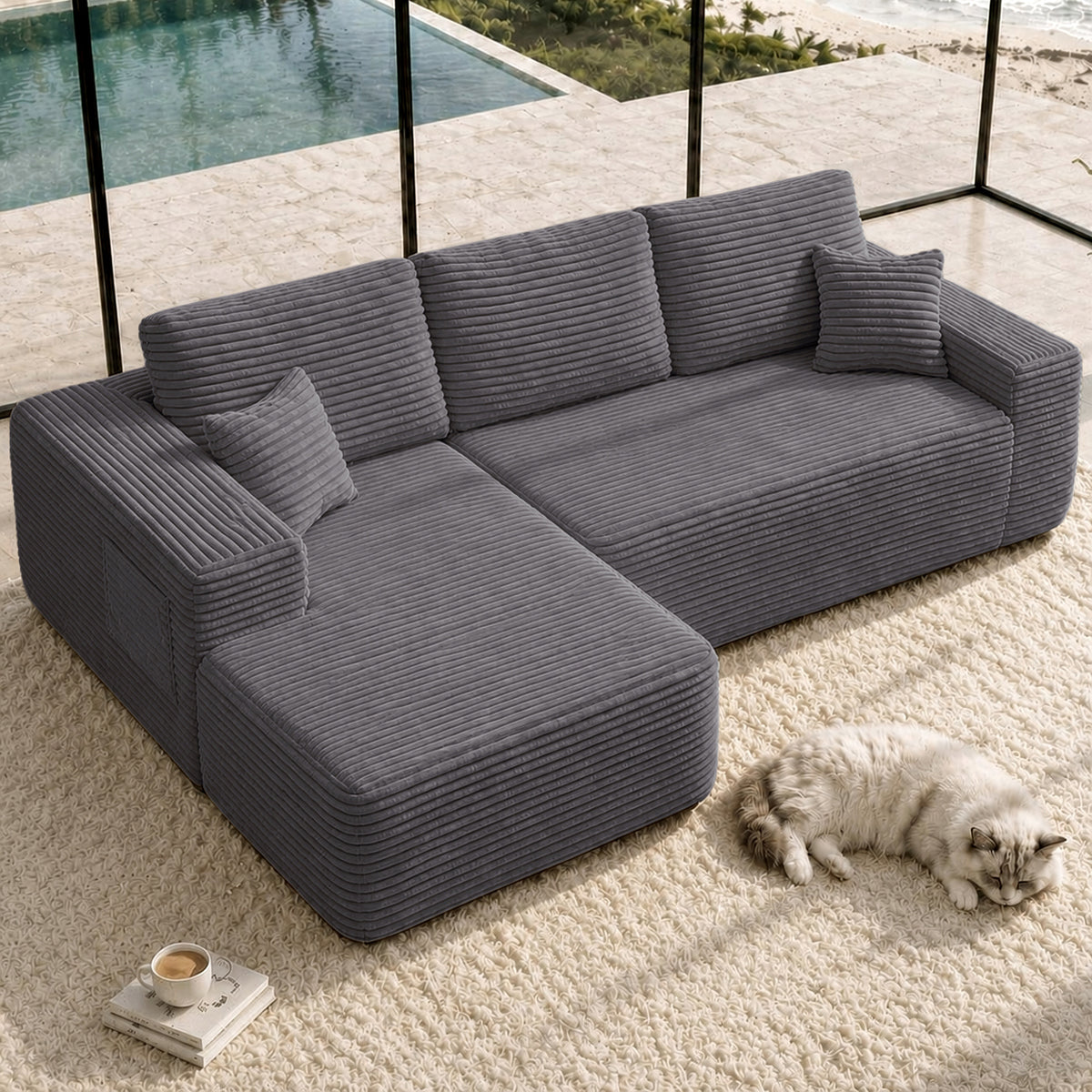 104' Cloud Sectional Sofa with L-Shape Chaise and Side Pockets , Modern Modular Design, Deep Seating, Upholstered Couch for Living Room/Bedroom, No Assembly Required (Plush Fabric), Grey, Left-facing