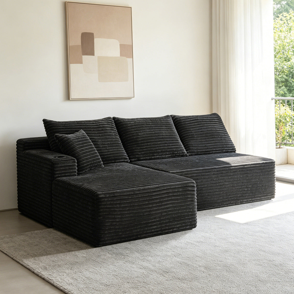 95.6' Cloud Sectional Couch with L-Shape Chaise,Modern Modular Sofa with Deep Seat, Upholstered Couches for Living Room Bedroom,No Assembly Required and Cup holde, (Plush Fabric),Grey