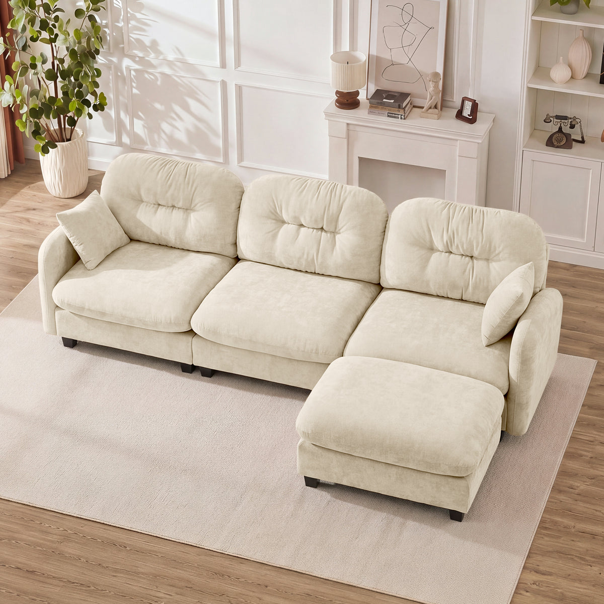 Modular Sectional L Shaped Couch With Ottoman, Premium Chenille Fabric,Tufted Cushion Backrest Design,Ergonomic Design Easy Install,Fits Bedrooms, Living Rooms Reading Nooks,Beige