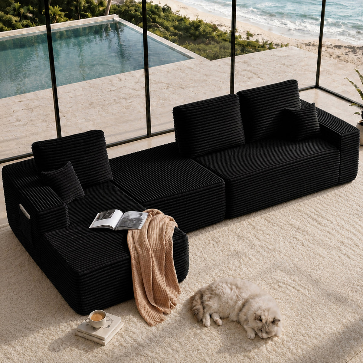 104' Cloud Sectional Sofa with U-Shape Chaise and Side Pockets , Modern Modular Design, Deep Seating, Upholstered Couch for Living Room/Bedroom, No Assembly Required (Plush Fabric),Black,Left