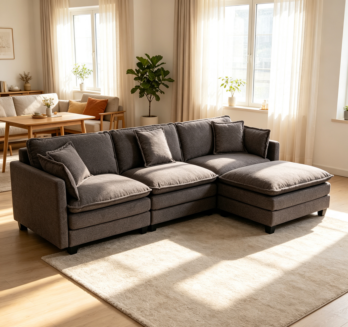 Modern 3seats with ottoman 113.77'Sectional Sofa with Waist Pillows,3-seat Upholstered Symmetrical Sofa Furniture,Sleeper Sofa Couch with Chaise Lounge for Living Room,Apartment,3 Color