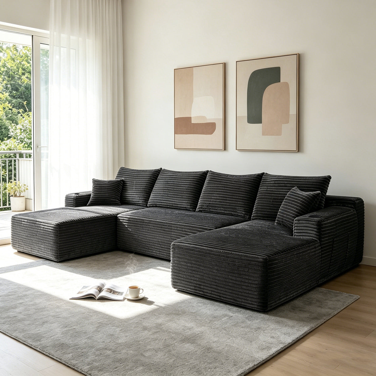133' Cloud Sectional Sofa with U-Shape Chaise and Side Pockets and Cup holder , Modern Modular Design, Deep Seating, Upholstered Couch for Living Room/Bedroom, No Assembly Required (Plush)Grey