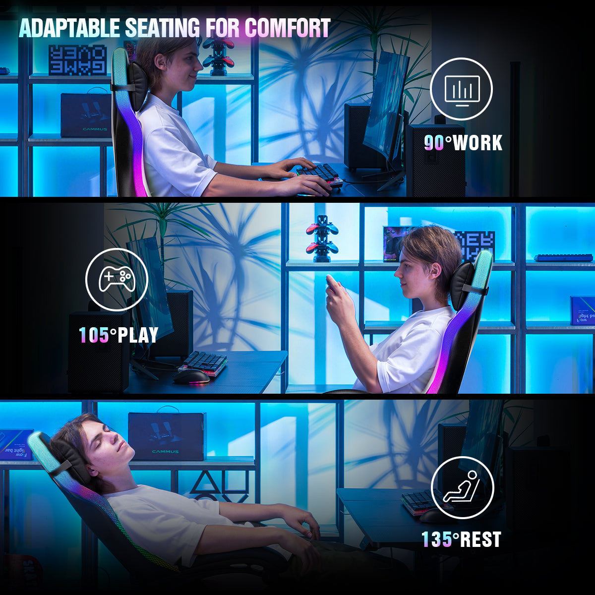 Aura RGB Series GTW500 – in use with ergonomic, lumbar, headrest, armrest, reclining, adjustable