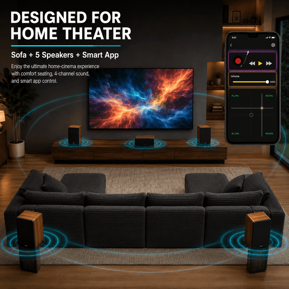 LYNCK Home Theater Sofa Set with 5 Speakers, 4-Channel Independent Volume Control, Bottom-Firing Subwoofer, 4 Mid/High Speakers and Charcoal Sectional Sofa