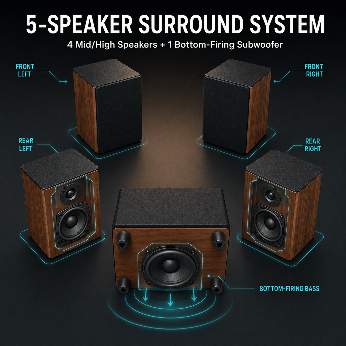 LYNCK Home Theater Sofa Set with 5 Speakers, 4-Channel Independent Volume Control, Bottom-Firing Subwoofer, 4 Mid/High Speakers and Charcoal Sectional Sofa