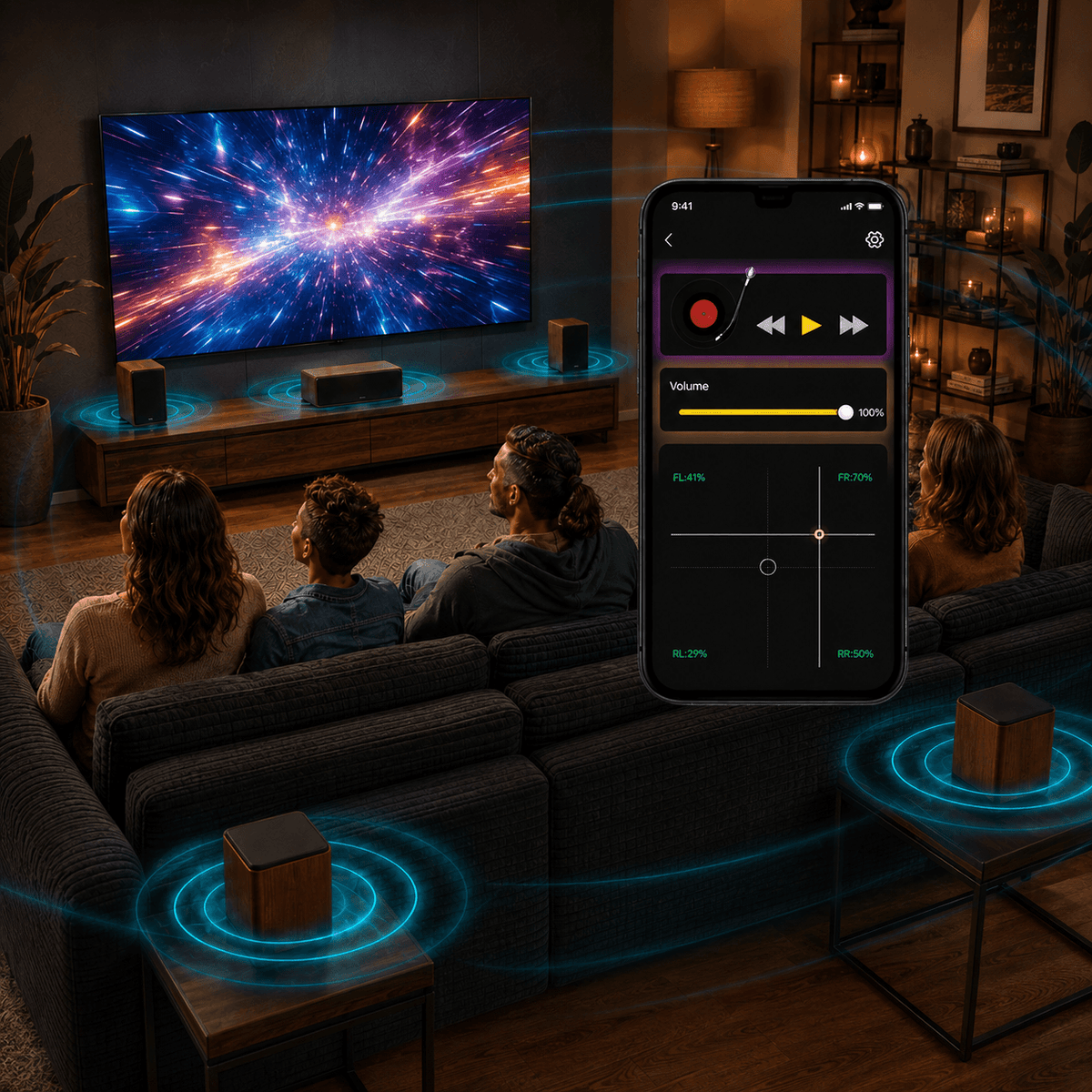LYNCK Home Theater Sofa Set with 5 Speakers, 4-Channel Independent Volume Control, Bottom-Firing Subwoofer, 4 Mid/High Speakers and Charcoal Sectional Sofa