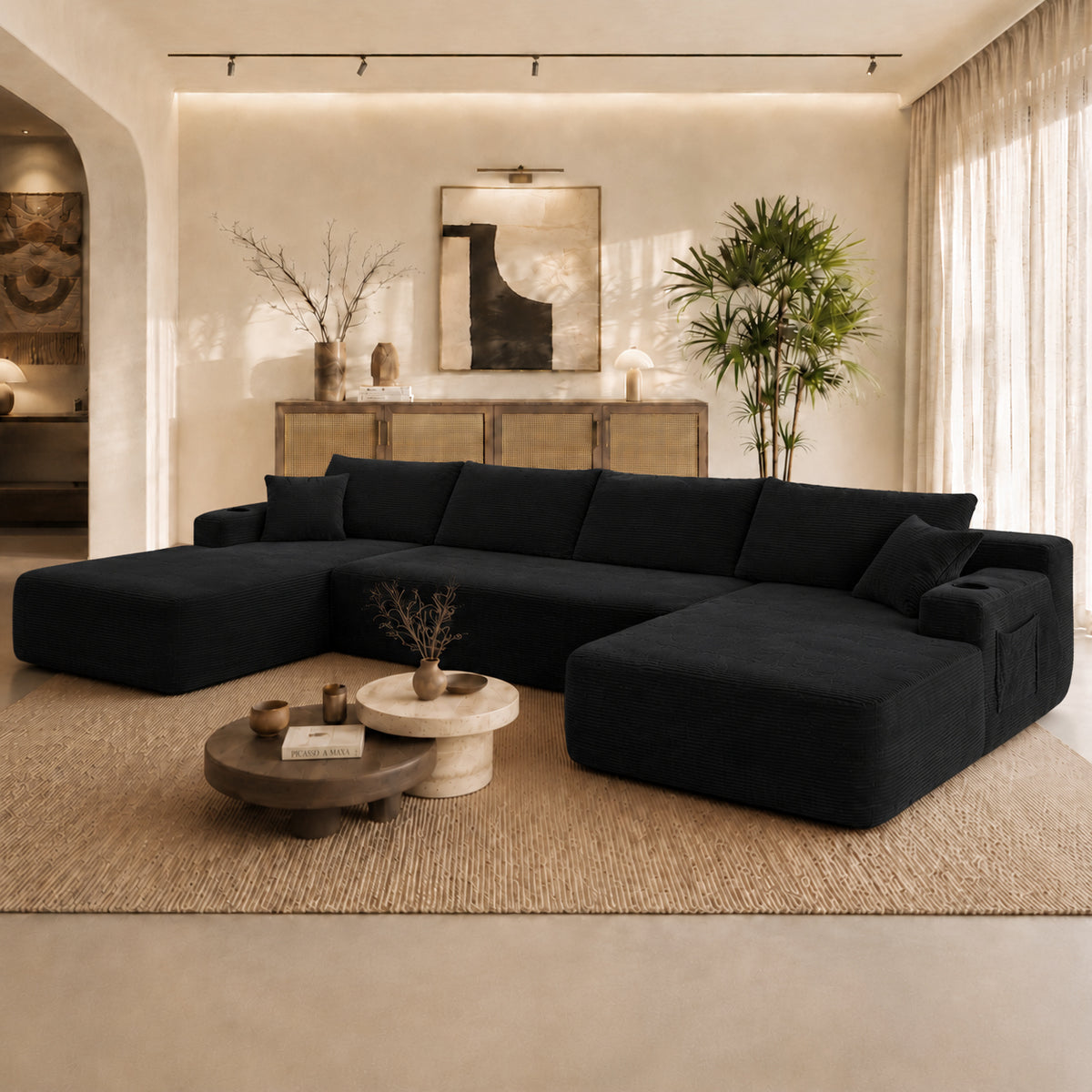 126' Cloud Sectional Sofa with U-Shape Chaise and Side Pockets and Cup holder , Modern Modular Design, Deep Seating, Upholstered Couch for Living Room/Bedroom, No Assembly Required (Corduroy)Black