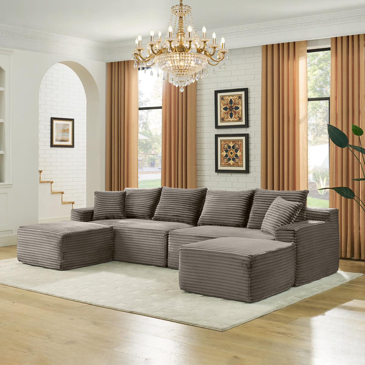 115' Comfy U-Shaped Sectional Modern Boneless Corduroy Couch with Chaise ‌and Ottoman‌ - No Assembly Required! Deep-Seat, Upholstered Modular Cloud Sofa for Living Room, Plush Corduroy Fabric(Brown)