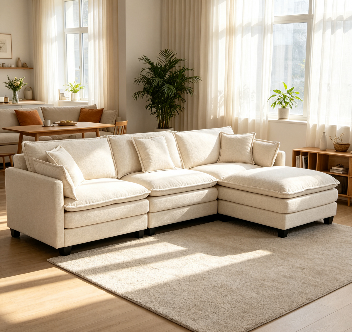 Modern 3seats with ottoman 113.77'Sectional Sofa with Waist Pillows,3-seat Upholstered Symmetrical Sofa Furniture,Sleeper Sofa Couch with Chaise Lounge for Living Room,Apartment,3 Color