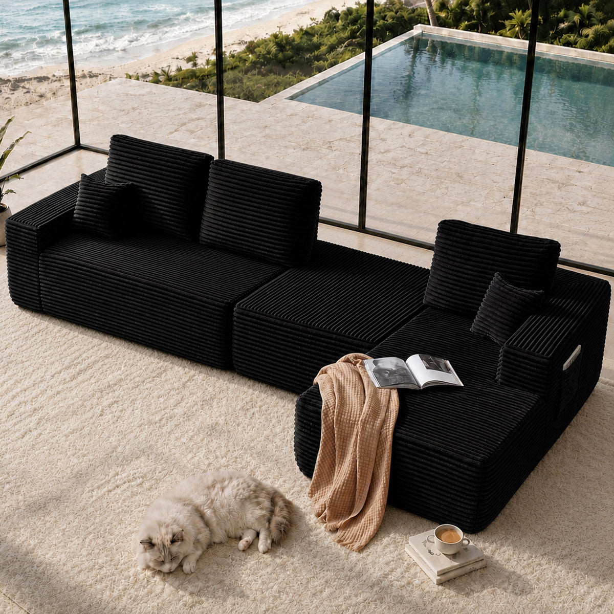 104' Cloud Sectional Sofa with U-Shape Chaise and Side Pockets , Modern Modular Design, Deep Seating, Upholstered Couch for Living Room/Bedroom, No Assembly Required (Plush Fabric), Black,Right
