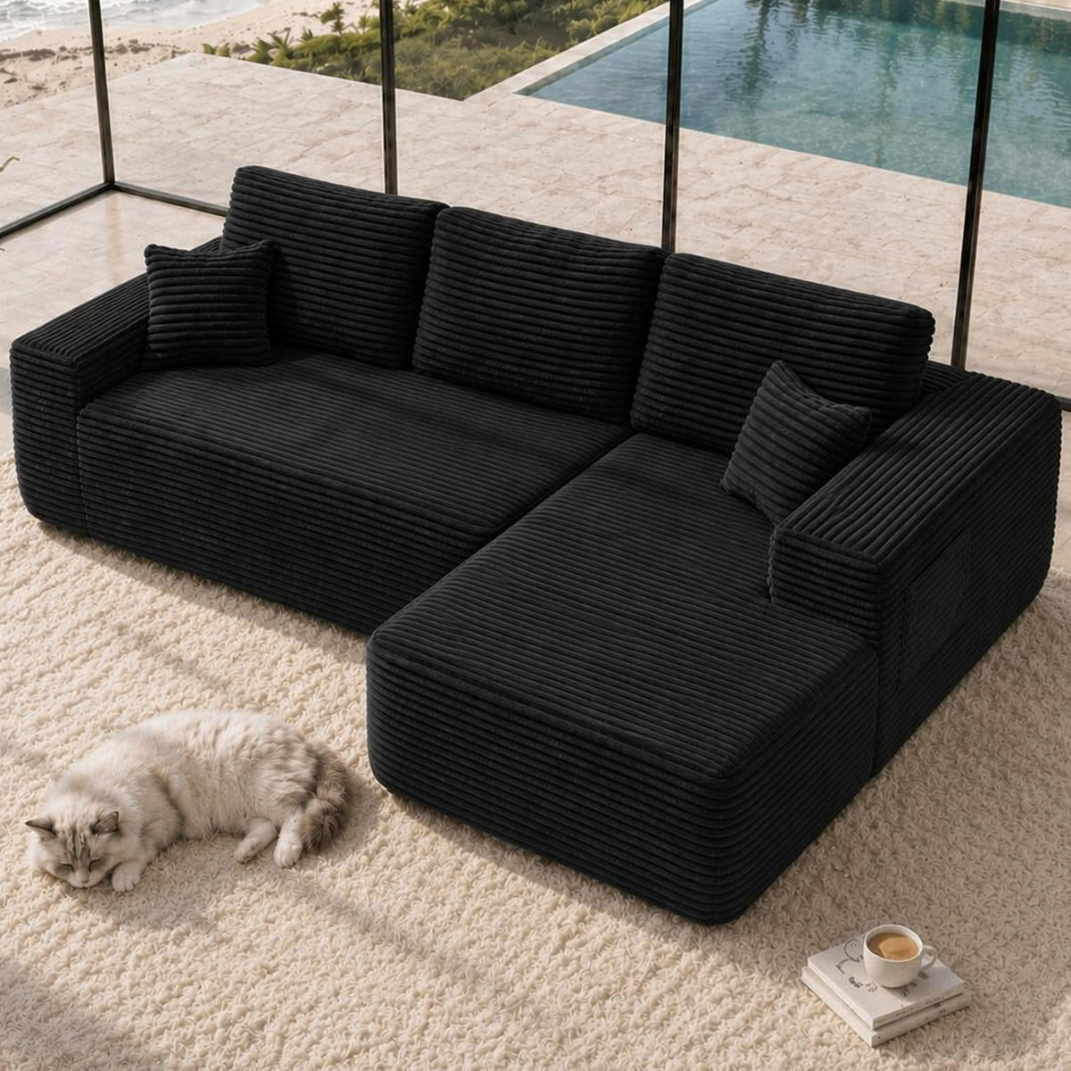 104' Cloud Sectional Sofa with L-Shape Chaise and Side Pockets , Modern Modular Design, Deep Seating, Upholstered Couch for Living Room/Bedroom, No Assembly Required (Plush Fabric), Black,Right