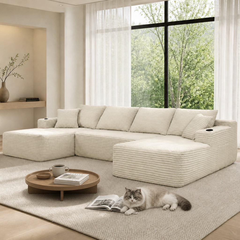126' Cloud Sectional Sofa with U-Shape Chaise and Side Pockets and Cup holder , Modern Modular Design, Deep Seating, Upholstered Couch for Living Room/Bedroom, No Assembly Required (Plush)beige