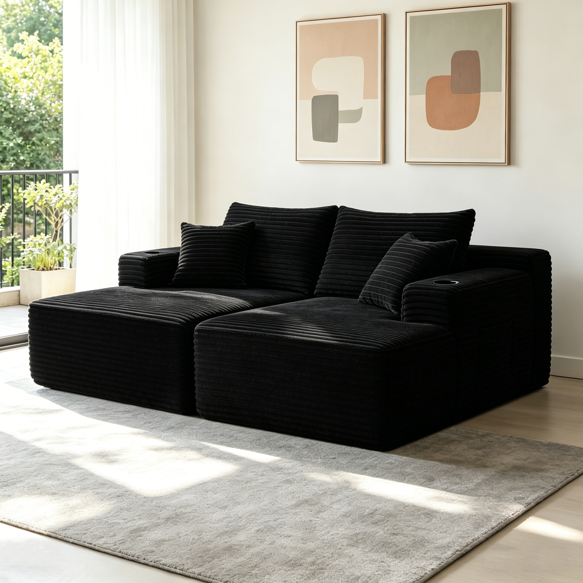 76' Cloud Sectional Couch, L-Shape Chaise with R-Shape Chaise with Deep Seat and Comfortable 2 Seater Couch for Modern Living Room,(Plush  Fabric),Black,CUP HOLDER
