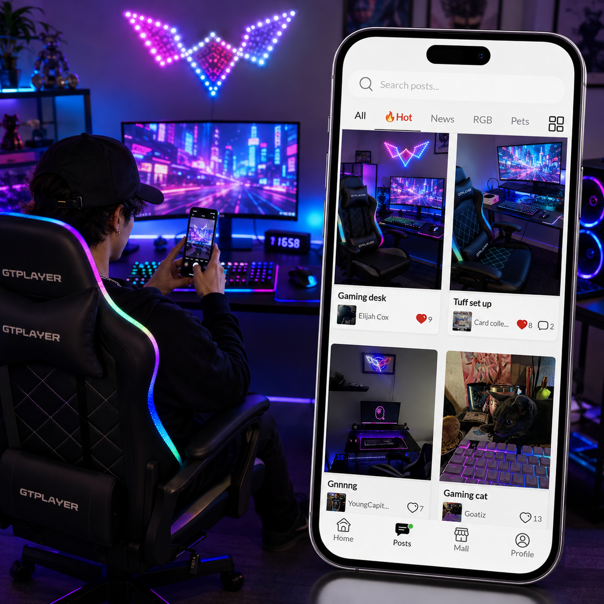 A person wearing a black cap sits in a gaming chair with RGB lighting, holding a phone in front of a neon-lit gaming setup. A large smartphone screen overlay on the right shows a social media feed for gaming content.